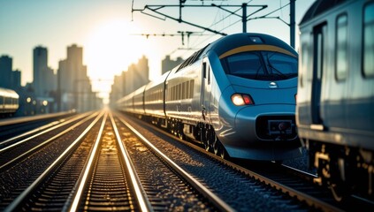 Fototapeta premium Modern High-Speed Train Approaching a Station with City Skyline at Sunrise