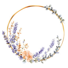 Watercolor floral wreath with lavender and soft peach flowers isolated on transparent background