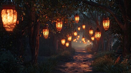 A pathway illuminated by warm lanterns in a twilight forest.