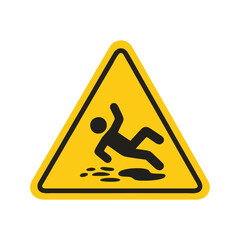 Wet floor, triangle warning, caution hazard, yellow symbol, safety sign, workplace alert, slip prevention, fall risk, industrial area, janitor zone, cleaning hazard for workplace protection