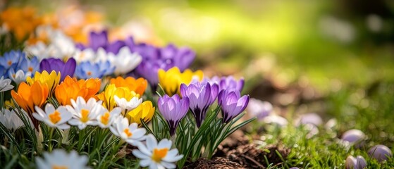 Obraz premium Close-up of colorful flowers blooming in the spring, such as crocuses and daisies, representing renewal and life during the Easter season. 