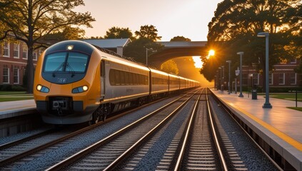 Naklejka premium A Passenger Train Departing the Station at Sunset, Showing a Modern Cityscape