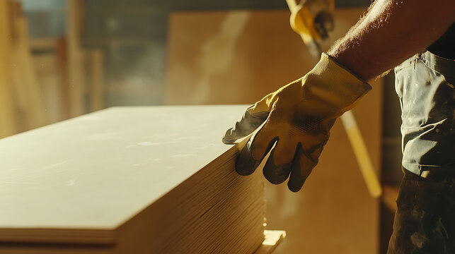 Carpenter Working with Plywood in Workshop