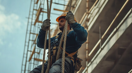 Construction Worker Descending Using Ropes