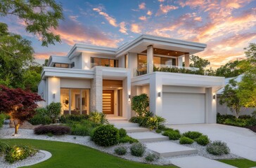 Modern, contemporary home with a street-level view featuring a large front door, modern architecture