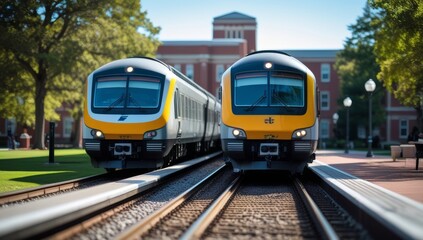 Fototapeta premium Two modern trains on parallel tracks, station with urban greenery and a brick building