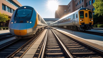 Naklejka premium Modern High-Speed Trains on Parallel Tracks at a Sunny Railway Station