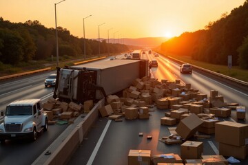 Cargo spill on a highway at sunset.