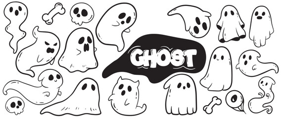 ghost illsutration hand drawn elemnt vector set, ghost cartoon illustration, ghost hand drawn, ghost set, halloween set, halloween illustration