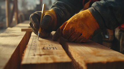 Carpenter Marking Wood with Pencil and Ruler