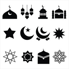 Vector icon set of religious symbols including mosque, church, and temple designs