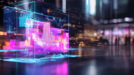 Holographic digital marketing setup showcasing vibrant colors and futuristic technology, creating engaging atmosphere
