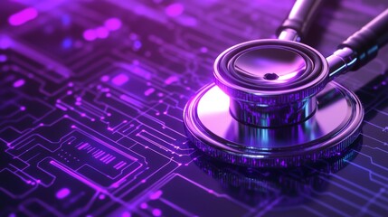 Futuristic digital illustration of a stethoscope on a glowing purple background with abstract circuit board patterns representing advanced medical technology and healthcare innovation