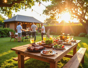 Outdoor Barbecue Gathering with Grilled Food and Shared Moments at Sunset