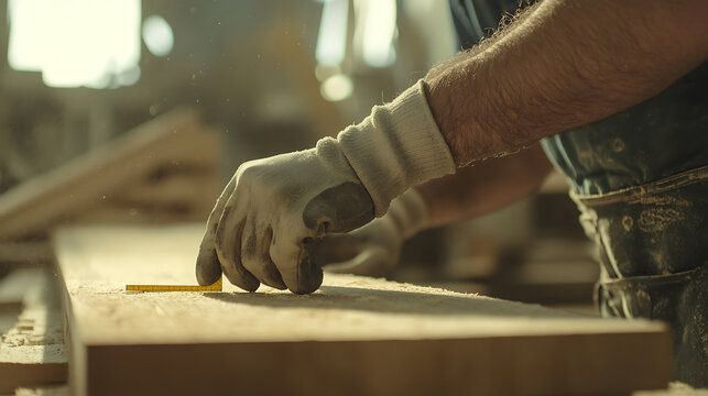 Carpenter Measuring Wood with a Pencil