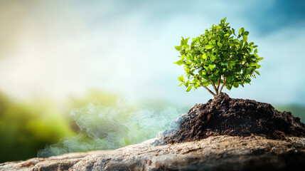 Small green tree grows on rocky surface, symbolizing hope and sustainability in natural environment
