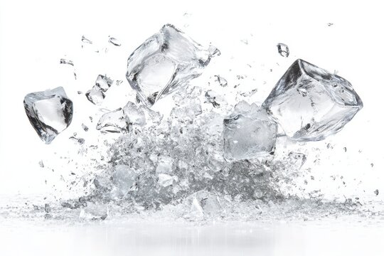 Exploding ice shards in a dynamic and captivating composition isolate on white background. A shattered glass with black and white pieces scattered all over the image. Scene is chaotic and broken.