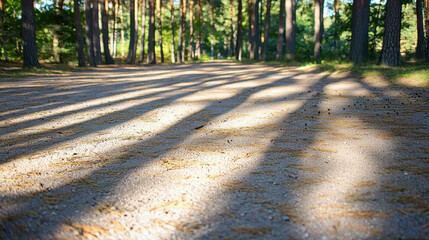 Serene road surrounded by tall pines casts long shadows on ground, creating peaceful atmosphere