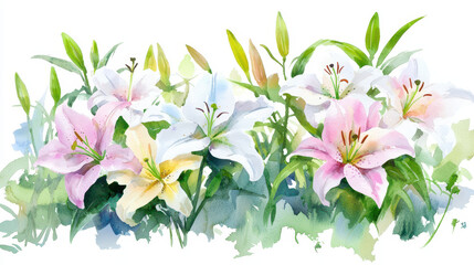Watercolor botanical illustration of beautiful lilies in various colors, showcasing their delicate petals and lush greenery