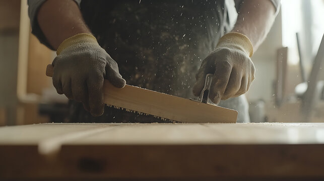Carpenter Sanding Wood in Workshop