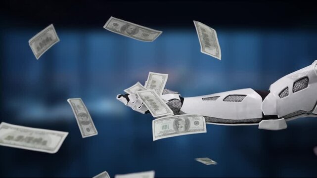 A captivating image of a robotic hand extending outward with bills of money floating around, symbolizing the blending of technology and financial success in the modern economy. MZL
