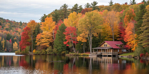 Fototapeta premium Autumn Cabin on Lake with Colorful Fall Foliage and Reflections