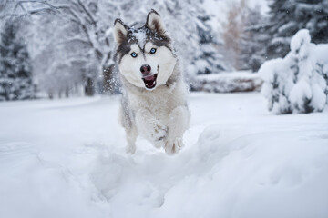 Naklejka premium A joyful dog enthusiastically exploring a snowy terrain, bounding through the white snowflakes and enjoying the winter wonderland. Canine play concept