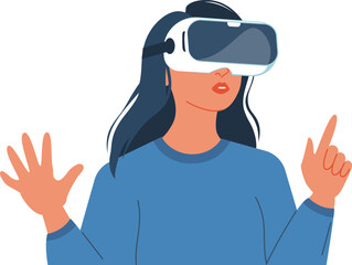 Illustration of a woman immersed in virtual reality, showcasing innovation and futuristic technology. Woman in VR glasses, meta universe of entertainment concept. Flat woman exploring a virtual world
