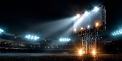 Massive Blank Stadium Billboard under Stadium Lights, Perfect for Advertisement and Mockup Designs.