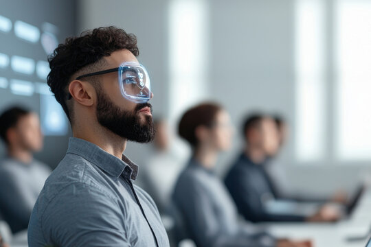 Man wearing a face mask in a modern workspace setting.