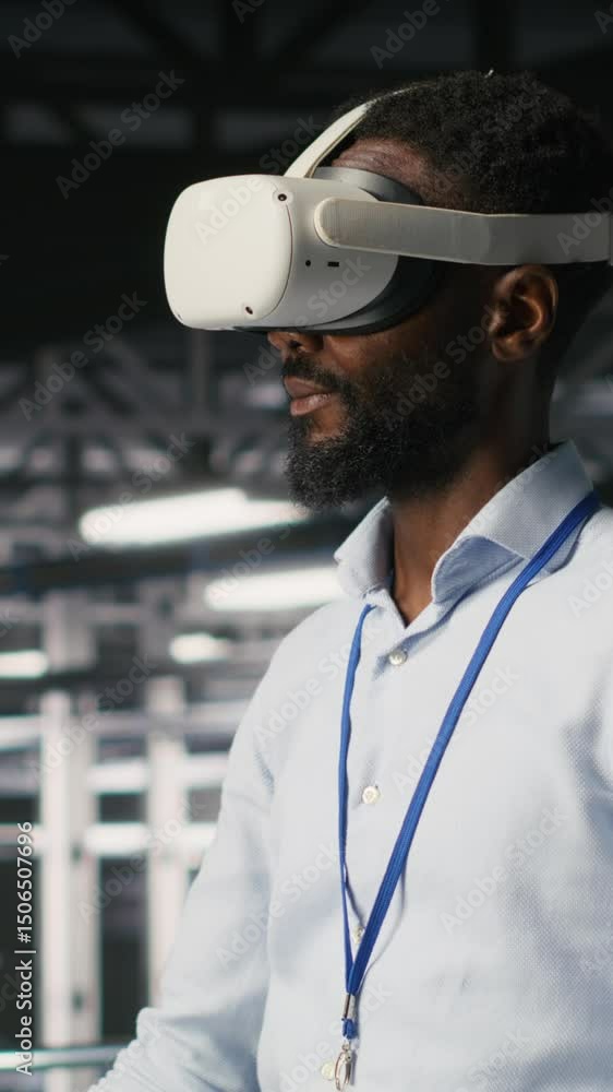 Poster vertical video data center admin using vr headset to monitor neural network ai systems. server room 