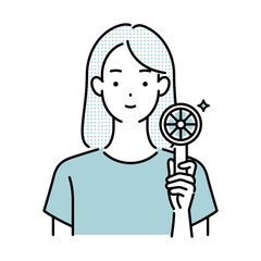 熱中症対策グッズ・携帯扇風機を持つ女性イラスト
