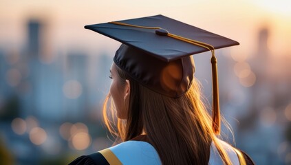 Young female graduate contemplating her future with city skyline background