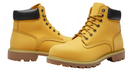 Isolated Photo Of Yellow Leather Boots With Black Details And Brown Sole