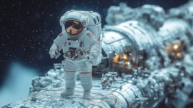 Miniature space station with tiny astronauts isolated in space, perfect for sci-fi themes, space exploration, futuristic concepts, and educational or creative visuals.

