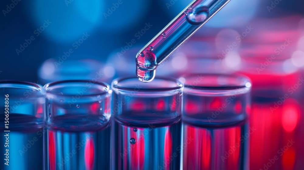 Poster test tubes lined up in a laboratory setting with a dropper releasing a liquid droplet, showcasing sc