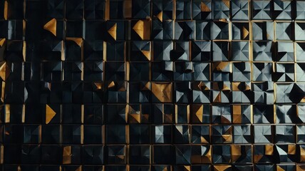 Geometric pattern of raised squares with gold accents in a dark and moody lighting style