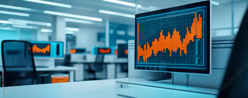Poster modern office with a computer displaying financial data charts.