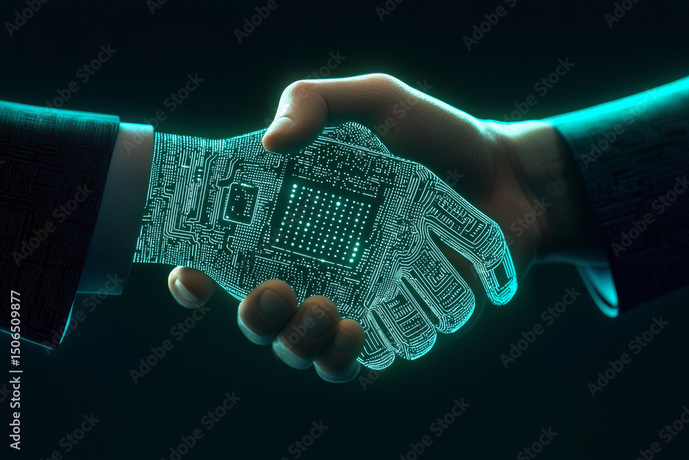 Poster digital hands shaking, one with a circuit pattern, symbolizing technology partnership.