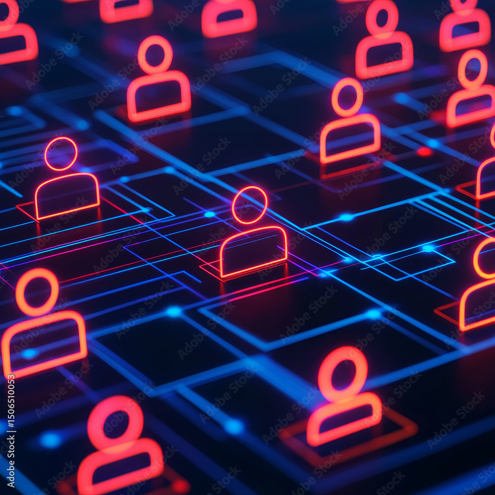 Poster digital network of user icons with glowing connections and nodes.