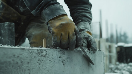 Construction Worker Using Trowel on Concrete Block