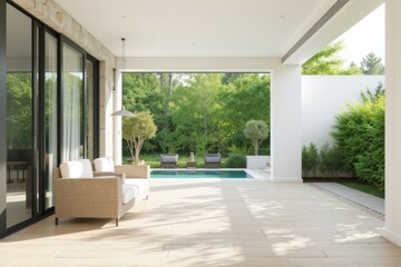 Modern outdoor patio with pool and lush greenery.