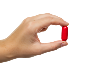 Hand Holding Red Capsule Pill on Transparent Background

