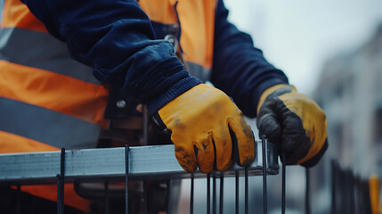 Construction Worker Handling Metal Bars