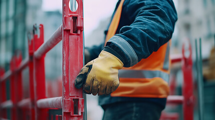 Construction Worker Handling Safety Barrier