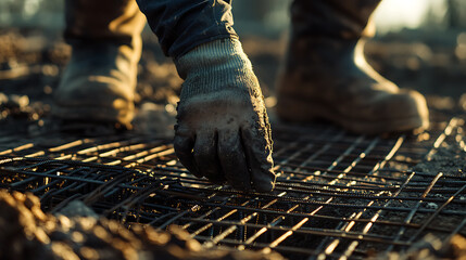 Construction Worker's Hand on Reinforcement Mesh