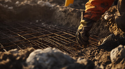 Construction Worker Laying Rebar for Concrete Foundation