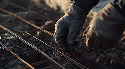 Construction Worker Handling Reinforcement Steel Bars