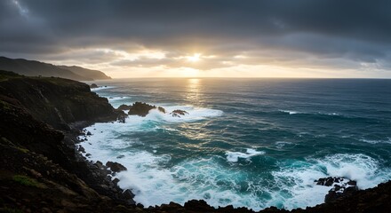 Obraz premium Dramatic Ocean Sunset Coastal Cliffs and Crashing Waves