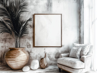 Mock up of blank photo frame.Soft shadows, moody lighting, tropical foliage detail with large leaves. Minimal, painterly, masterpiece atmosphere. 